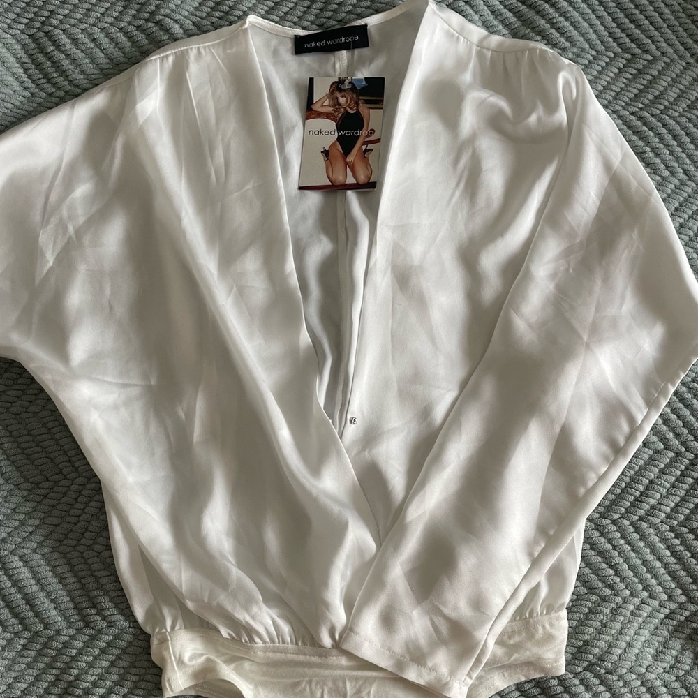 Naked White Silk Feeling Log sleeve deep v bodysuit
